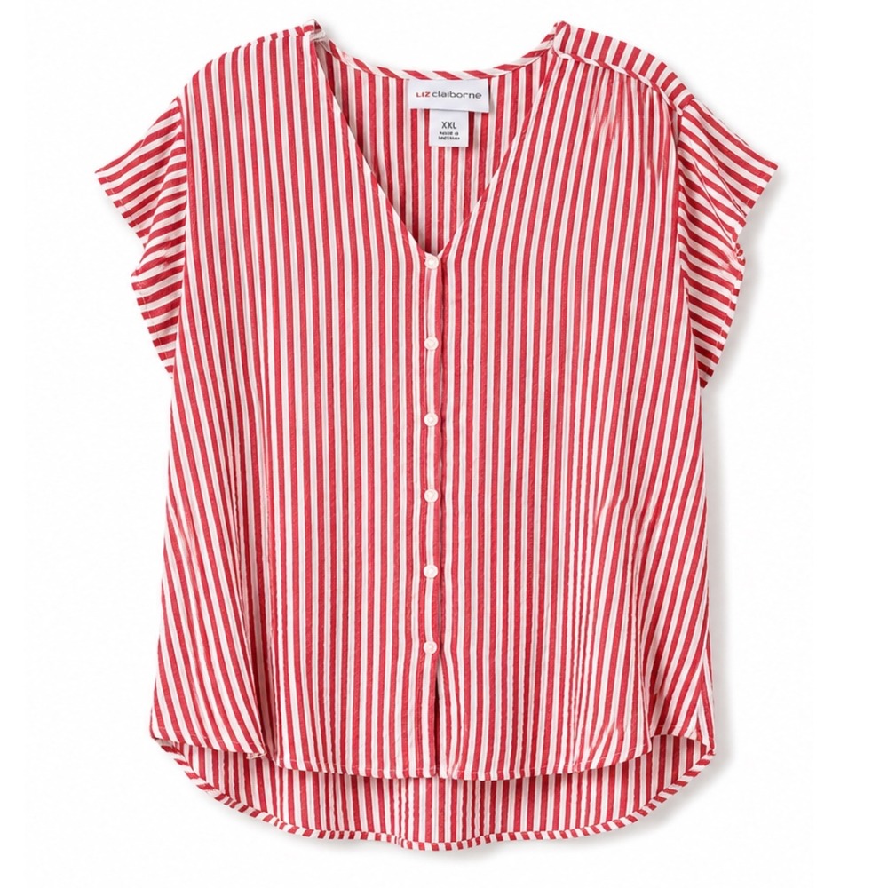 Liz Claiborne Red White Striped Flutter Sleeve V-Neck Blouse XXL Coastal Boho